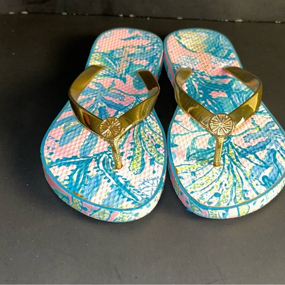 Lilly Pulitzer Multicolor Floral Gold Strap Flip Flops Sandals Womens Size 8 - Picture 2 of 12